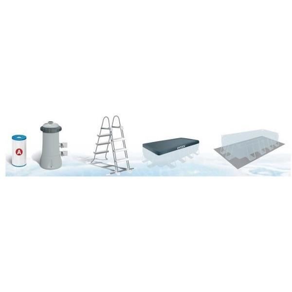 Kit de piscina con estructura prismática rectangular (4,88 m x 2,44 m x 1,07 m) y calentador solar.