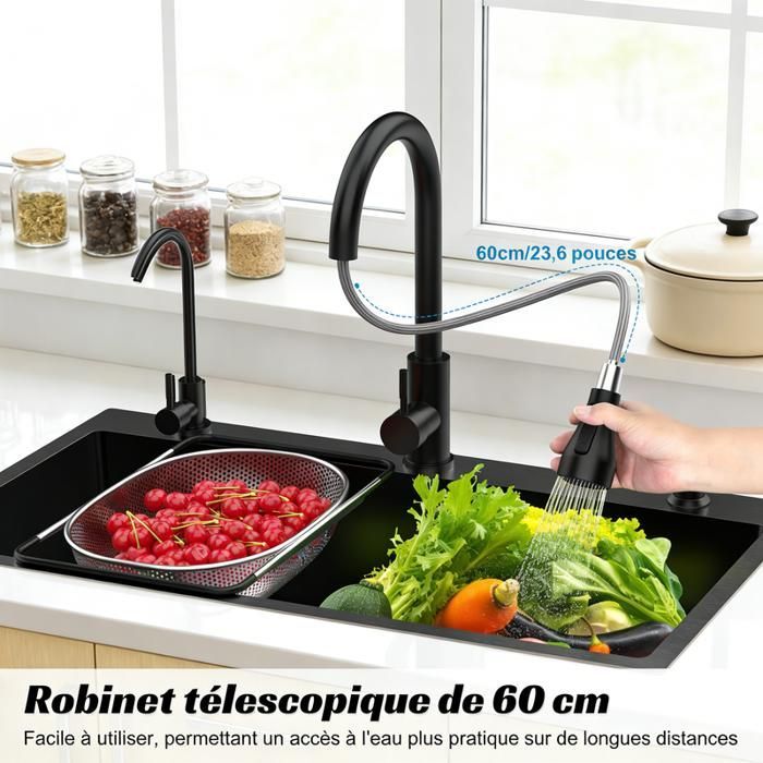 Fregadero de cocina de acero inoxidable de 80x45 cm – FIANAO – un solo seno – revestimiento nano – drenaje rápido X – grifo extraíble + accesorios