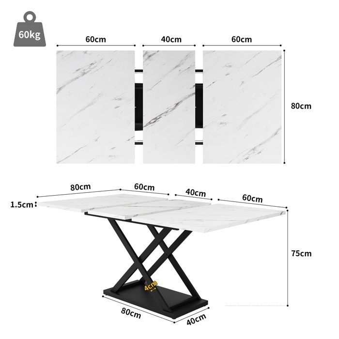Conjunto de mesa de comedor extensible de 120-160 cm con efecto mármol blanco + 4 sillas de terciopelo negro - Conjunto de comedor de 5 piezas para 4 personas