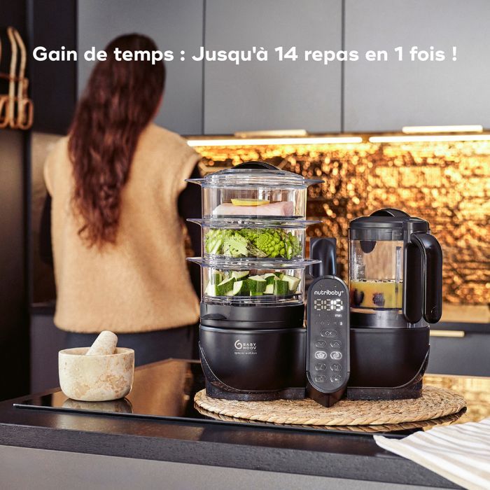 Robot da cucina Babymoov Nutribaby(+) XL - Grande capacità 2,9 litri - Fino a 14 pasti in 1 ciclo - 6 in 1 - 2 cestelli per la cottura a vapore, nero