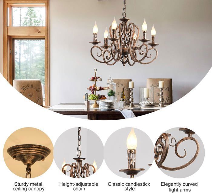 Ganeed Lustre de campagne français, lustre en fer forgé à 6 lumières de ferme rustique pour cuisine,E14,