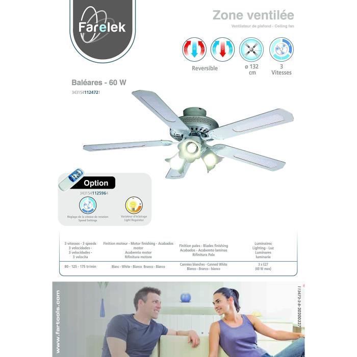 Ventilateur de plafond réversible FARELEK BALEARES - Ø 132 cm, 5 pales blanches / cannées blanches + éclairage