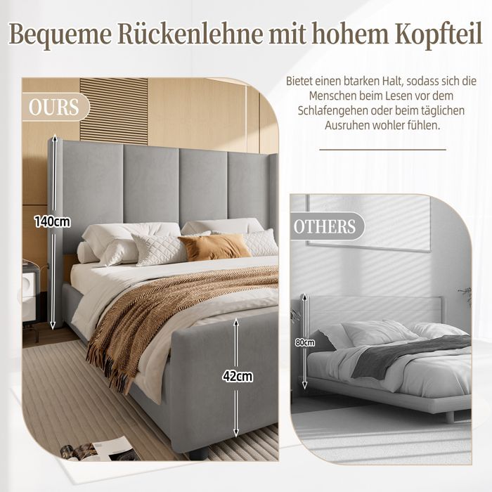 Upholstered Double Bed 160×200 cm with Wooden Slatted Base, High Headboard and Footboard and USB Port - Soft Short Velvet - Grey