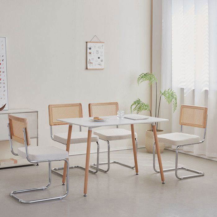 Lot de 4 chaises - DOWISDOLY - Chaises de Salle à Manger - Rotin et métal - Toison blanche