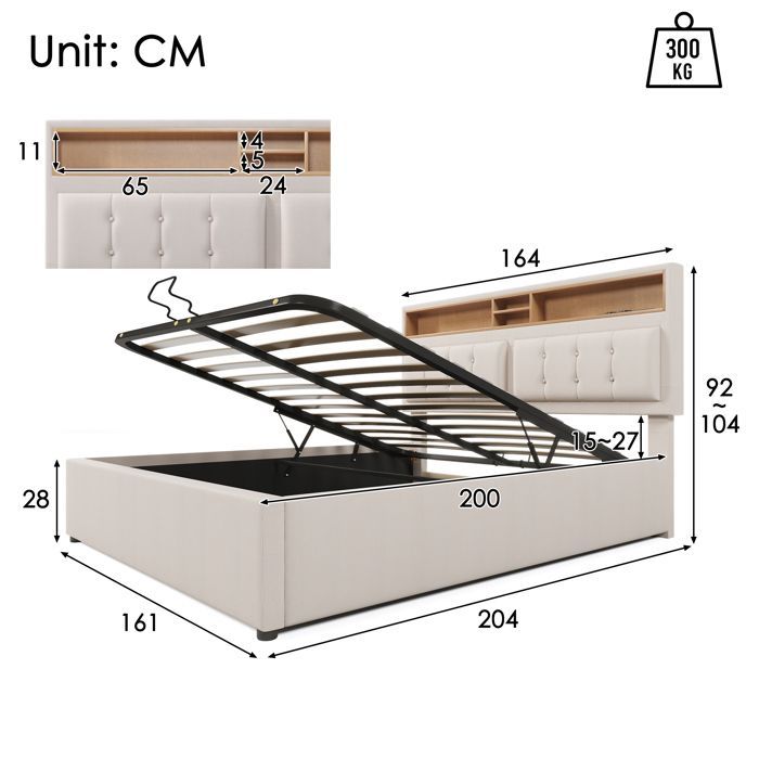 LINKHOO double upholstered bed with USB-C charging port and headboard, with slatted base (mattress not included), 160x200 cm, beige