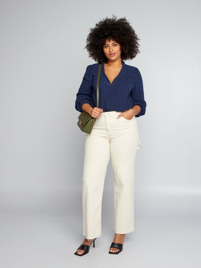 Blouse van katoenen gaas met rucheskraag - ZWART