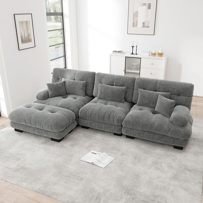 Corner sofa, modular sofa - Grey, oversized L-shaped convertible sofa with corduroy ottoman