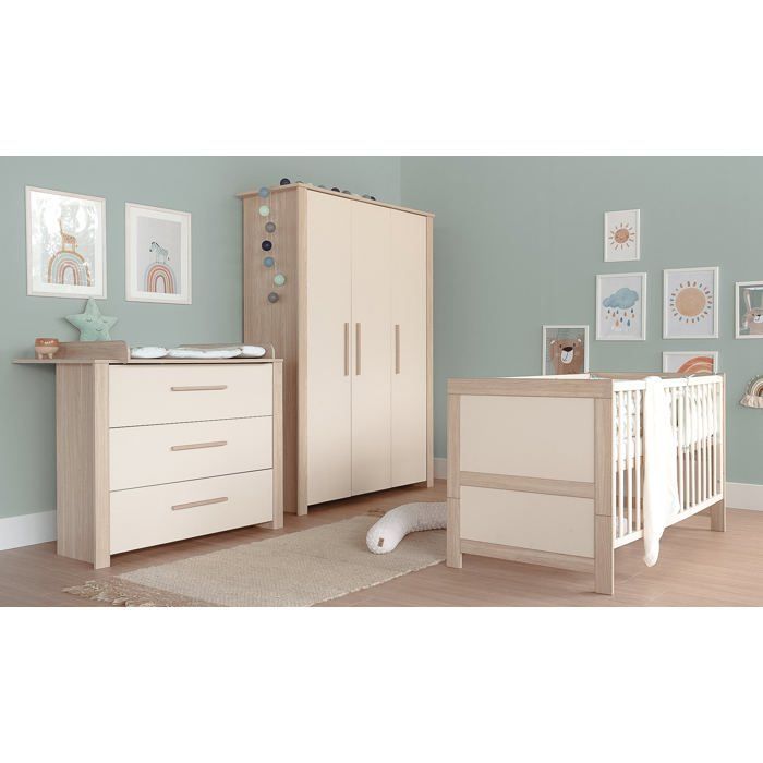 ROBA Momo Convertible Changing Table - 3 Soft-Close Drawers - Removable Changing Extension - Cashmere - Tristan Oak