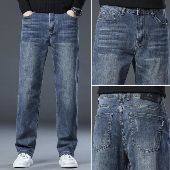 Pantalones vaqueros casuales de mezclilla elástica de pierna recta para hombre con 5 bolsillos, cómodo efecto lavado - Azul