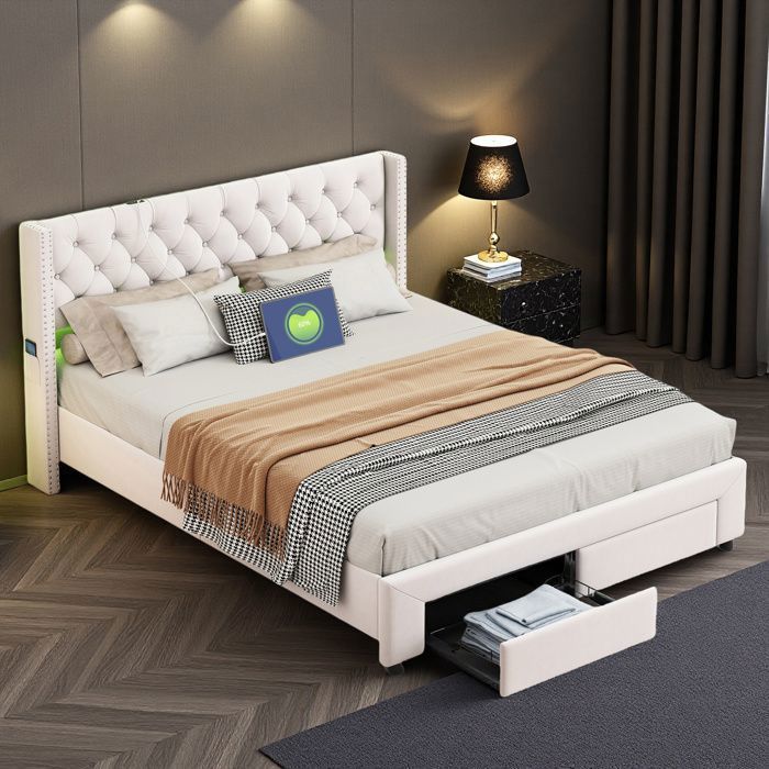 Lit adulte 140x190 cm - COZY - LED - tissu en velours - sommier - tiroir - cadre de lit 140x190 cm - beige