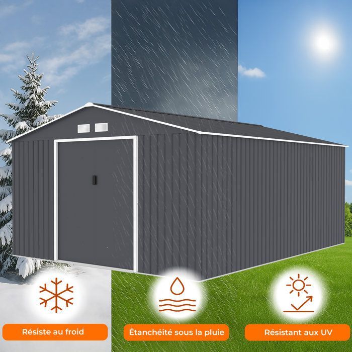 Metalen tuinschuur 15,16 m² - 340 x 446 x 210 - SATURNE - Inclusief verankeringsset, 2 schuifdeuren - Grijs