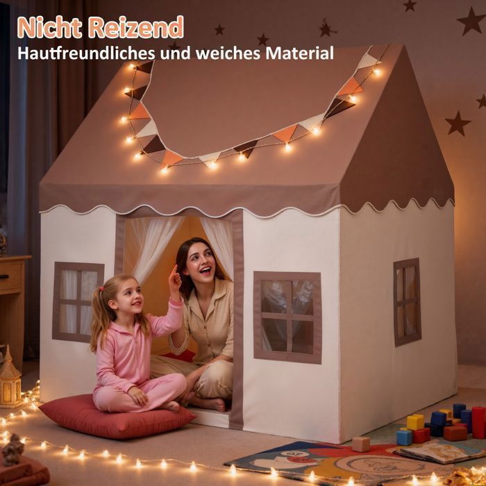Tenda da gioco per bambini, casetta da interno con tappeto e luci decorative da 3 m, 3 finestre - per bambini dai 3 ai 13 anni - color kaki