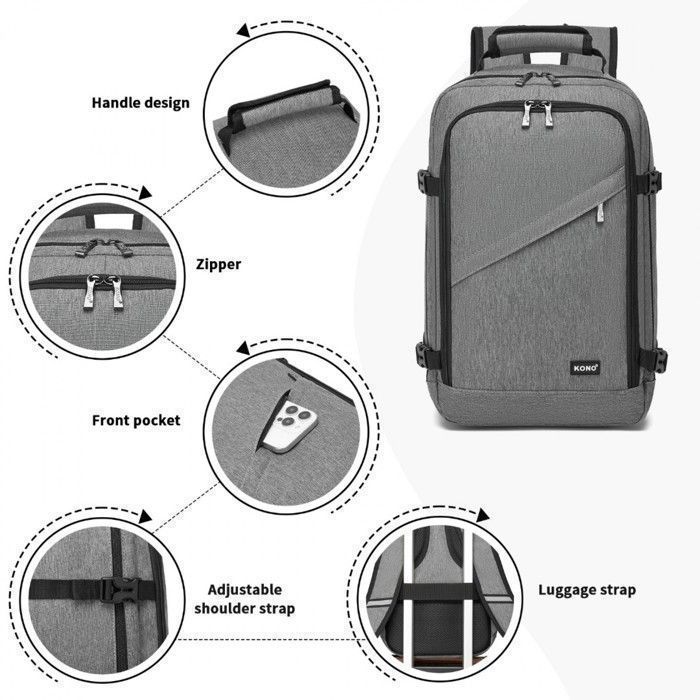 Mochila Kono 40x30x20cm, compatível com as normas da Ryanair, 24L, para bagagem de mão em aviões, para homens e mulheres, cinza.