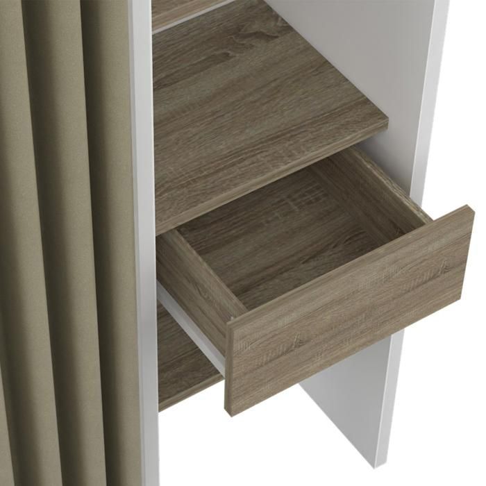 IDMARKET Dressing extensible double MERYL 120/180 x 50 x 180 cm blanc avec étagères hêtre + double penderie + rideau taupe