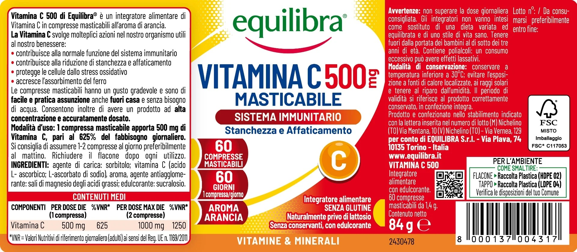 EQUILIBRA Equilibra C-vitamiin 500 mg 60 närimistabletti Immuunsüsteemi toidulisand