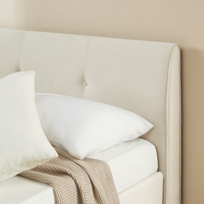 Cama con almacenamiento - BAÏTA - Gama SEGURO - Terciopelo color crema beige - 180 x 200 cm, somier de láminas incluido