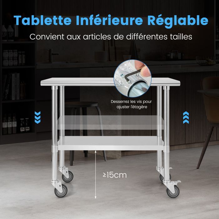 COSTWAY Table Plan de Travail Cuisine en Acier Inoxydable à 2 Niveaux avec 4 Roues en PU, Plateau Inférieure Réglable, Charge 250 kg