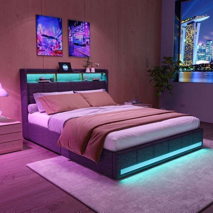 Bed van 140x190 cm met ledverlichting en 4 lades, volwassenenbed met USB-oplaadpunt, tweepersoonsbed, 2-persoonsbed, lattenbodem, beddengoed, grijs