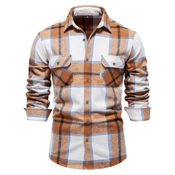 Camisa de hombre - FONDUPIN - Corte regular - Manga larga - Cuadros - Caqui