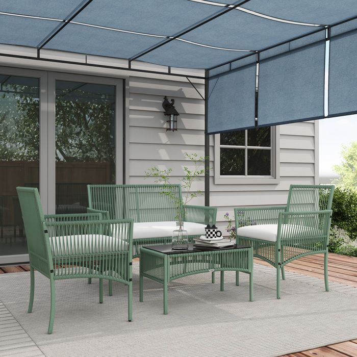 Conjunto de muebles de jardín Outsunny de 4 piezas: sofá de 2 plazas + 2 sillones + 1 mesa de centro con tablero de cristal templado y 3 cojines.