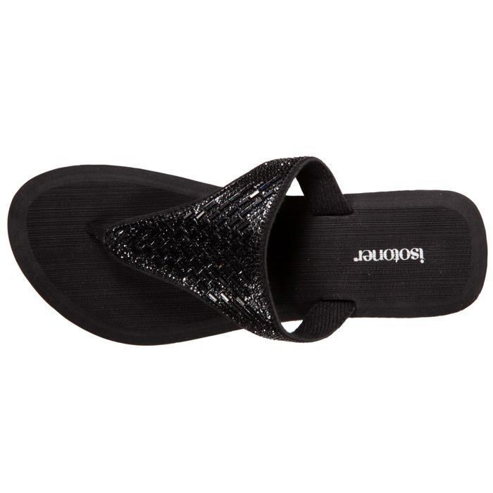 Chanclas Isotoner negras para mujer con tacón de 4 cm y parte superior ancha con cuentas.