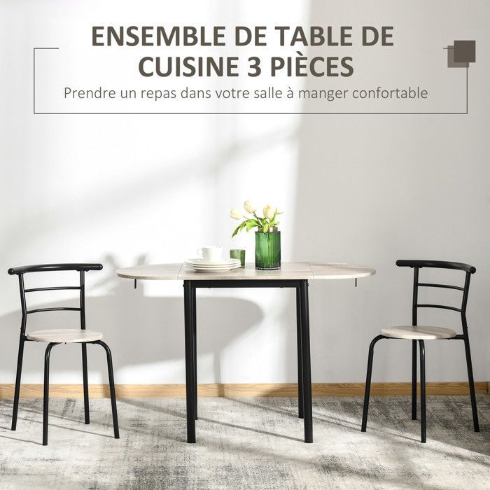 Ensemble table et chaises - HOMCOM - table ovale extensible à rabats 2 chaises cuisine - métal MDF - noir naturel