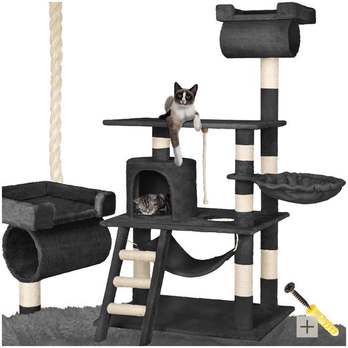 Árbol rascador para gatos - TECTAKE - STOKELEY, 141 cm de altura, con zonas para dormir y cuerda - Negro