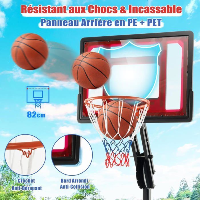 Aro de baloncesto independiente COSTWAY, altura ajustable de 105 a 260 cm, tablero de 82 cm, 2 ruedas, base rellenable con agua de 35 L, para exteriores.