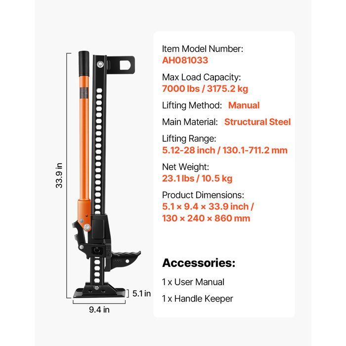 Gato todoterreno VEVOR 4x4 - Capacidad de carga de 3,18 toneladas - Gato de trinquete Hi-Lift con elevación de 86 cm - Rango de elevación de 13 a 71 cm
