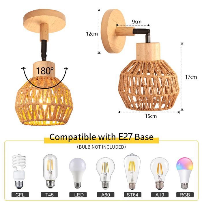 SNOGOLD Vintage Binnenwandlamp, Rotan en Houten Wandlamp, Verstelbare E27 Plafondlamp voor Woonkamer of Hal, Bruin