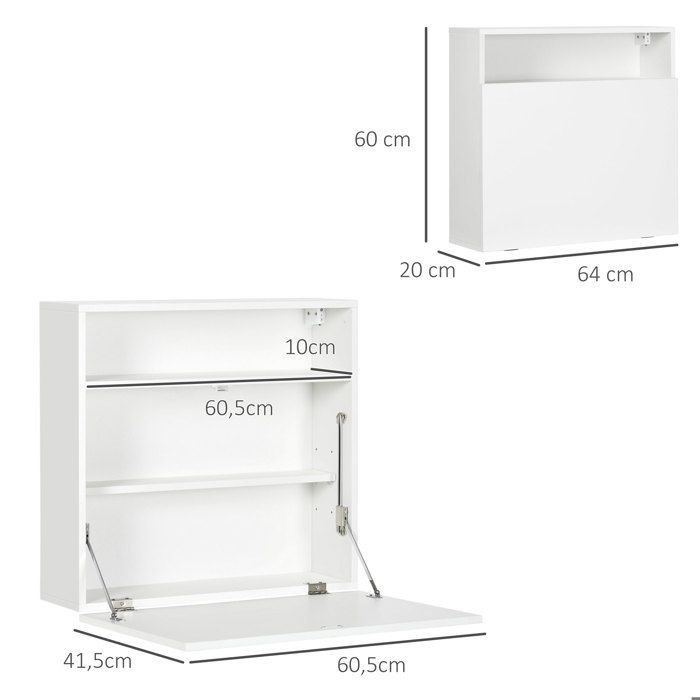 HOMCOM Wall-Mounted Desk - Folding Shelf with 3 Space-Saving Storage Compartments - Wood - 64x20x60cm - White