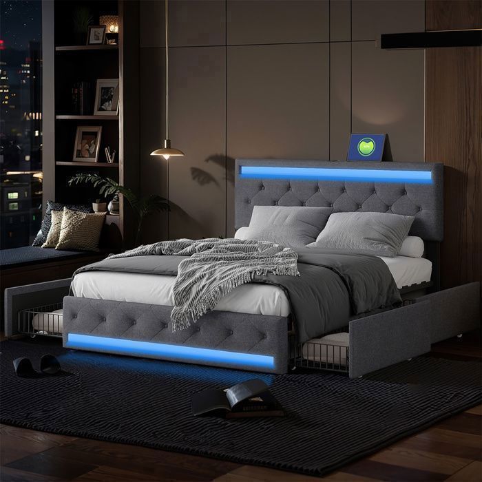 Cama de 140x190 cm - LED - USB - Tela de lino - Estructura de cama doble de 140x190 cm - Gris oscuro