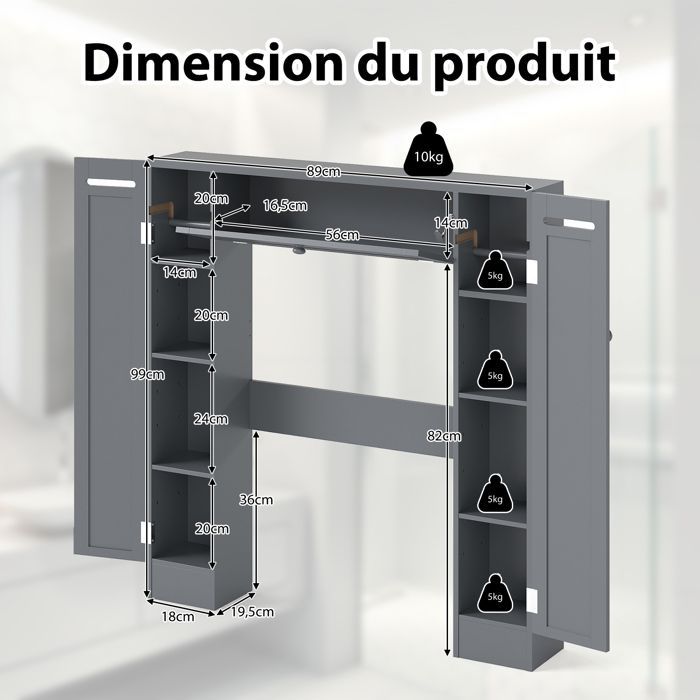 COSTWAY Bathroom Cabinet with Adjustable Shelves and Toilet Paper Holder, 89 x 19.5 x 99 cm, Grey