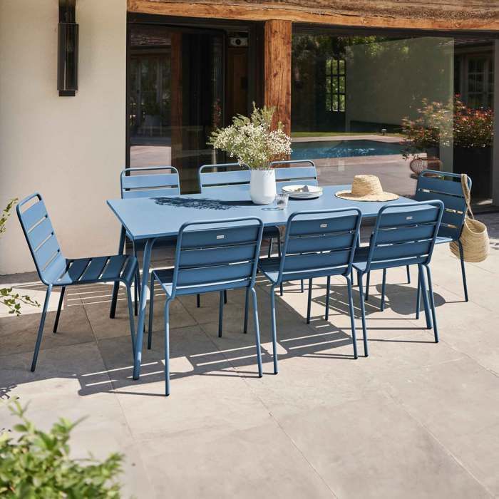 Conjunto de mesa de jardim Palavas Pacific Blue Metal com 8 cadeiras, Oviala