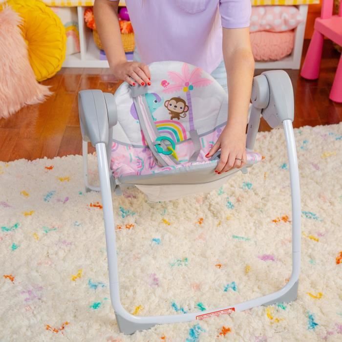 BRIGHT STARTS Balancelle bébé électrique compacte – Animaux, rose, 6 vitesses balancement, 10 chansons, 2 position d'inclinaison