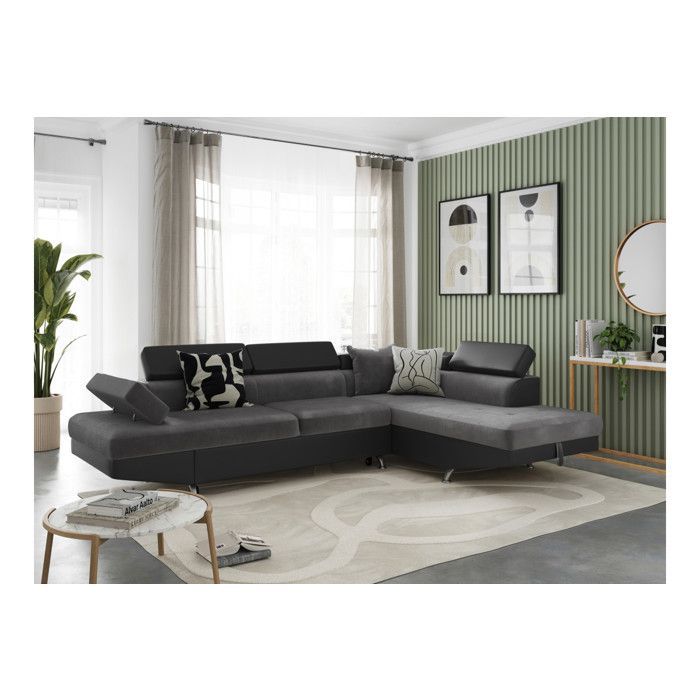 Sofá cama esquinero derecho RIO de 5 plazas con almacenamiento, en microfibra y piel sintética - Gris/Negro - 271 x 192 x 70 cm - LOUNGITUDE