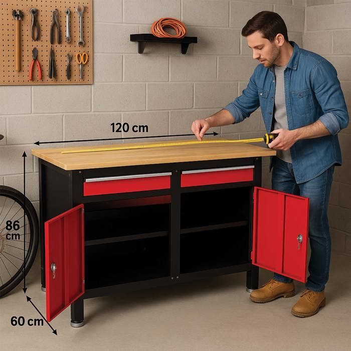 Banco de trabajo de acero y madera de 120 cm con tornillo de banco – 2 cajones, 2 puertas, tablero de madera de hevea – Capacidad de carga de 150 kg
