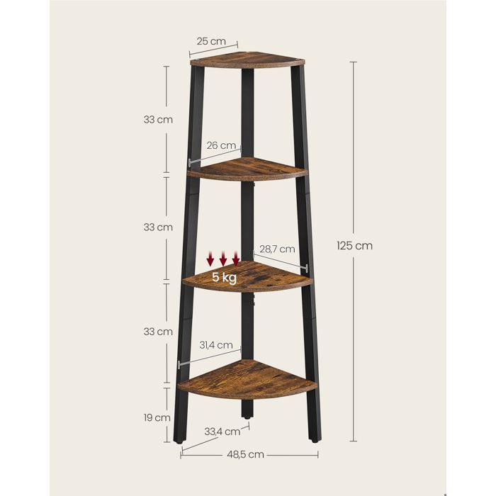 VASAGLE Corner Shelf, 4-Tier Bookshelf, Ladder Shelf, Plant Stand, with Steel Frame, Brown and Black