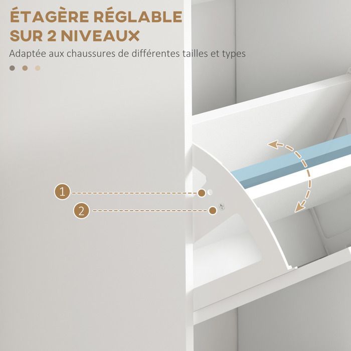 Zapatero - HOMCOM - Zapatero - 3 puertas abatibles, estantes ajustables - 54 x 24 x 117,5 cm - blanco