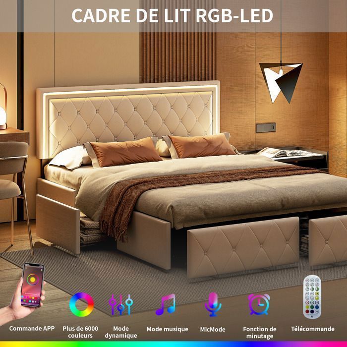 Lit Double Capitonné - AMBIANCE - 160 x 200 cm - Éclairage LED - avec 4 Tiroirs - avec Tête de Lit hauteur réglable