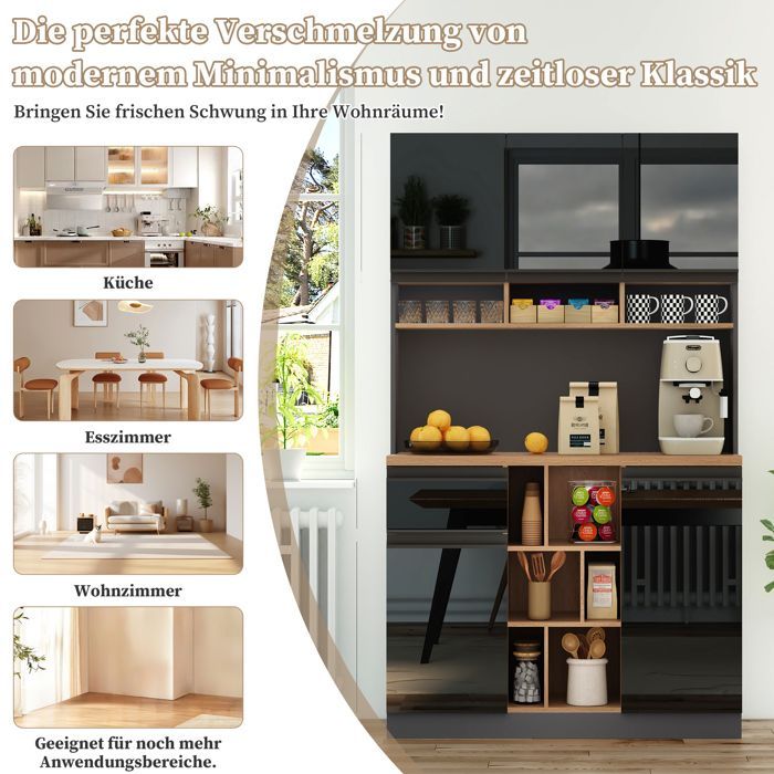 Buffet de Cuisine Haut Armoire Meuble de Rangement Vaisselier avec Tiroir Étagères Ajustables Bar à Café Noir 105×45×185 cm