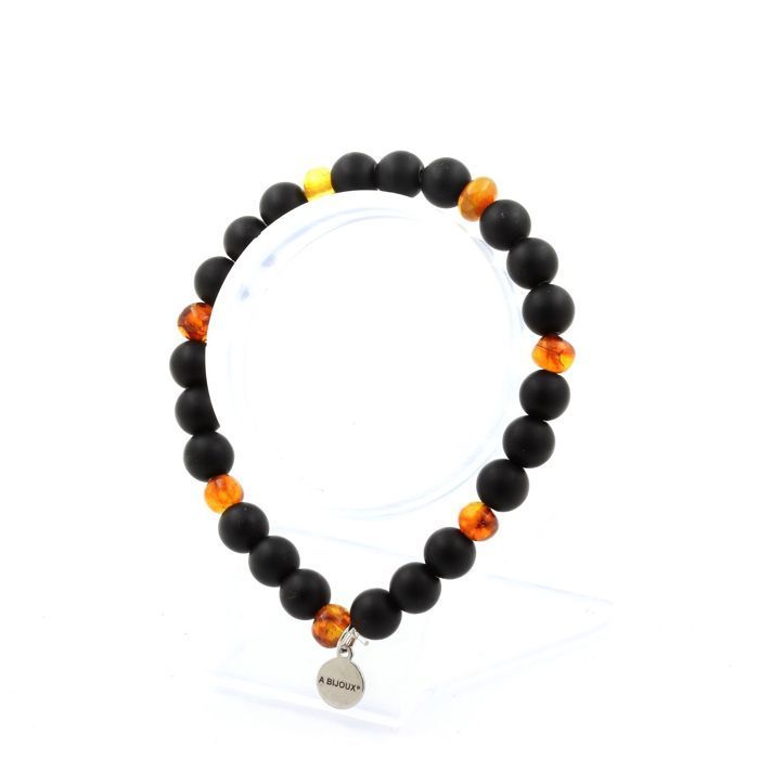 Bracelet - A Bijoux - Ambre véritable et Onyx noir - Longueur 19-20 cm - Perles de 8 mm - Mixte