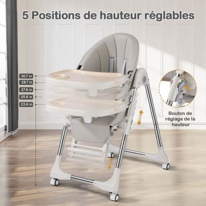 Chaise Haute Bébé Evolutive Pliable - Hauteur réglable - Plateau Repas Amovible - 4 Roues directionnelles - Assise Confortable