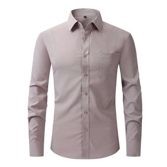 Camisa de hombre de corte ajustado con cuello vuelto, manga larga, bolsillo en el pecho, color liso - Gris claro