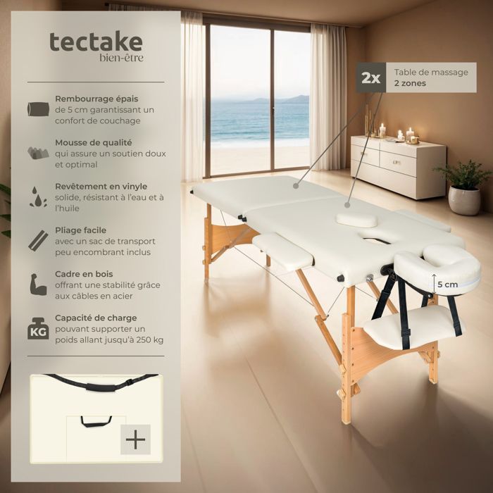 Camilla de masaje - TECTAKE - FREDDI, plegable en 2 secciones y regulable en altura, 210 x 95 x 84 cm - Beige