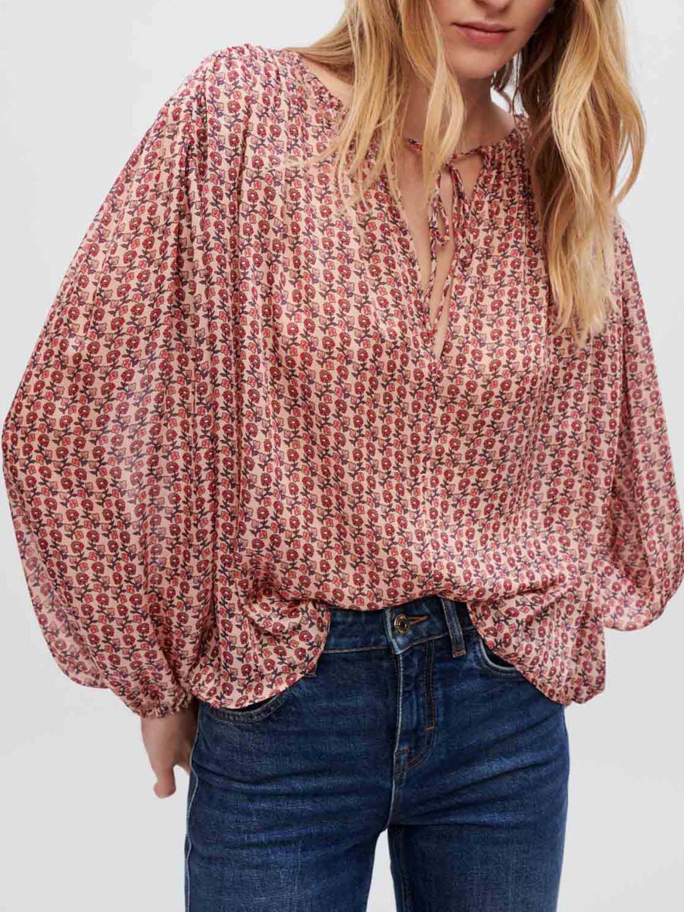 Soepelvallende top met mini-bloemenprint-Mini fleurs rose foncé