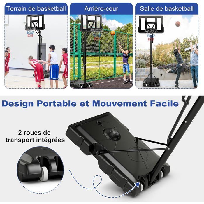 Aro de baloncesto portátil independiente COSTWAY - 2 ruedas - Ajustable de 143 a 305 cm - Aro trasero de 111 cm - Base recargable - Bolsa de seguridad