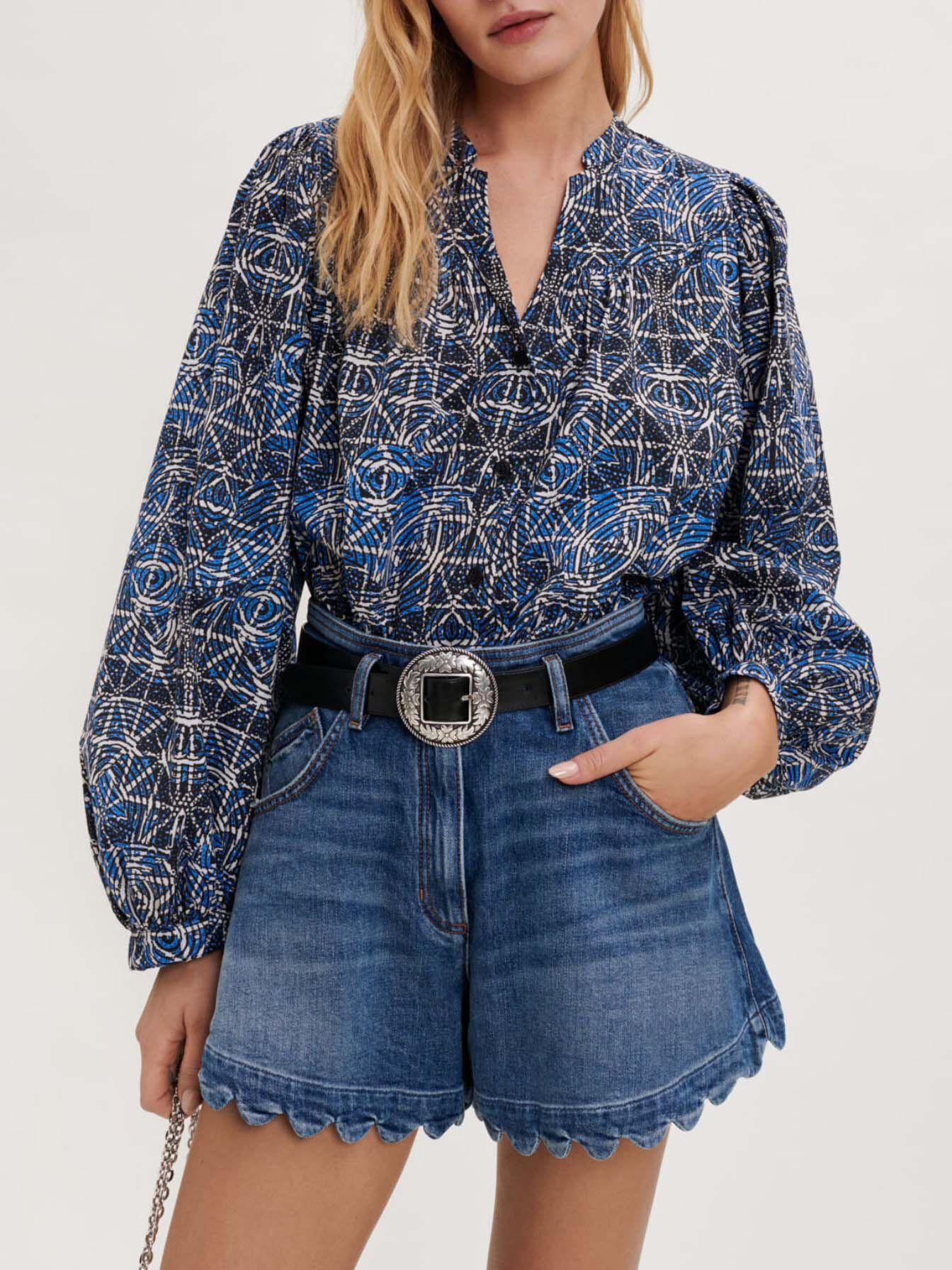 Bedrukte katoenen chiffon blouse - Indigo
