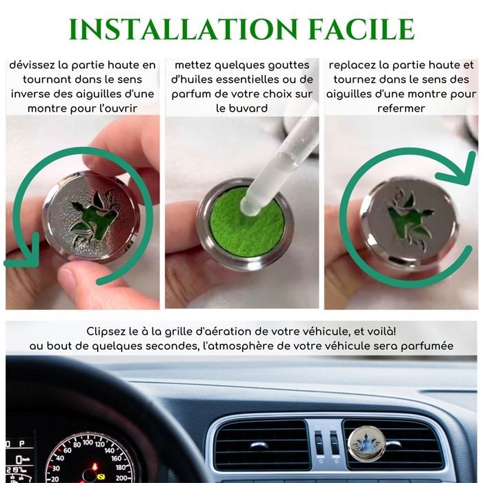 Diffuseur pour Voiture - ZEN'ARÔME - Bodhi Clip'Arôme - Acier Inox - 5 Buvards Réutilisables - Parfum Naturel