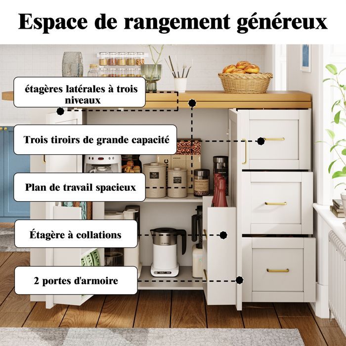Buffet Cuisine,Îlot de Cuisine Extensible 135-228×39×104 cm,Avec 2 Portes 3 Tiroirs,Plateau Finition Bois, Roulant,Blanc